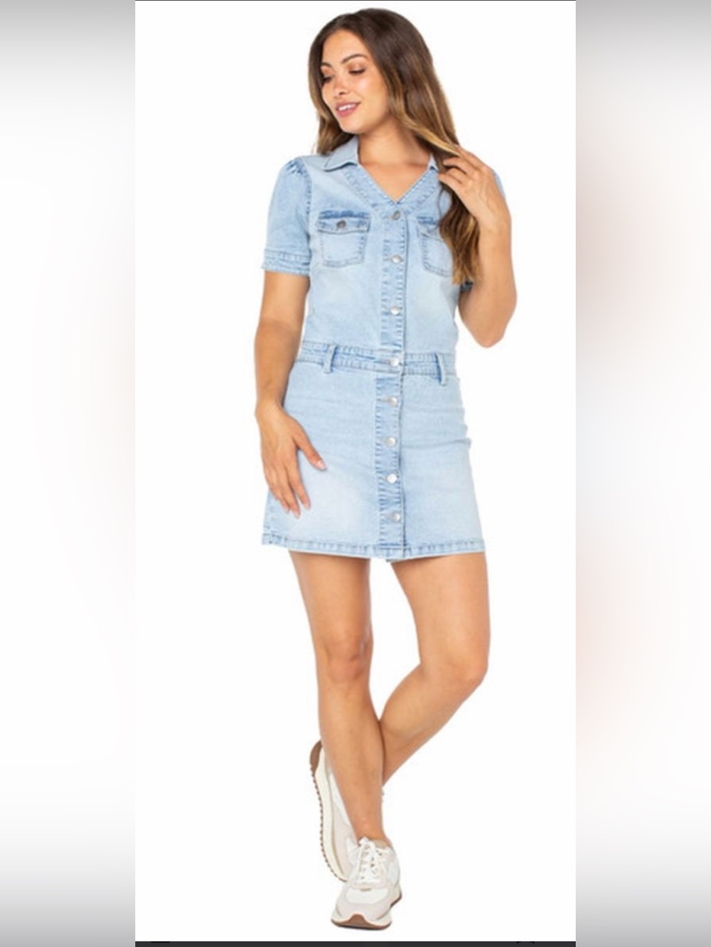 Celebrity Pink Denim Light Wash Stretchy Mini Button up Dress Short Sleeve S